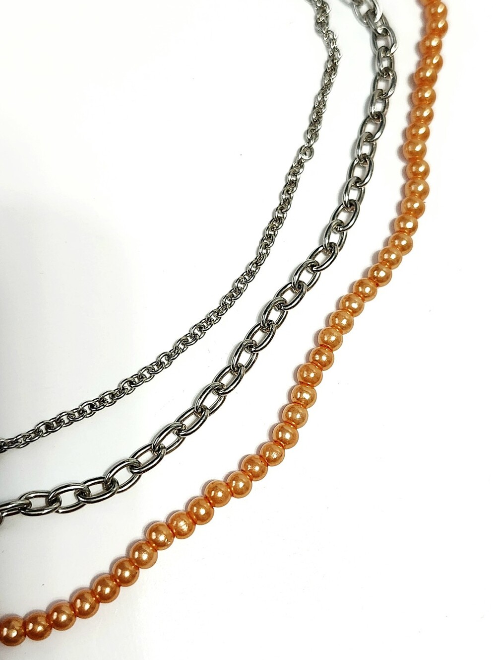 Multi Row Necklace Orange Pearl Beads and Silver Chains Adjustable
